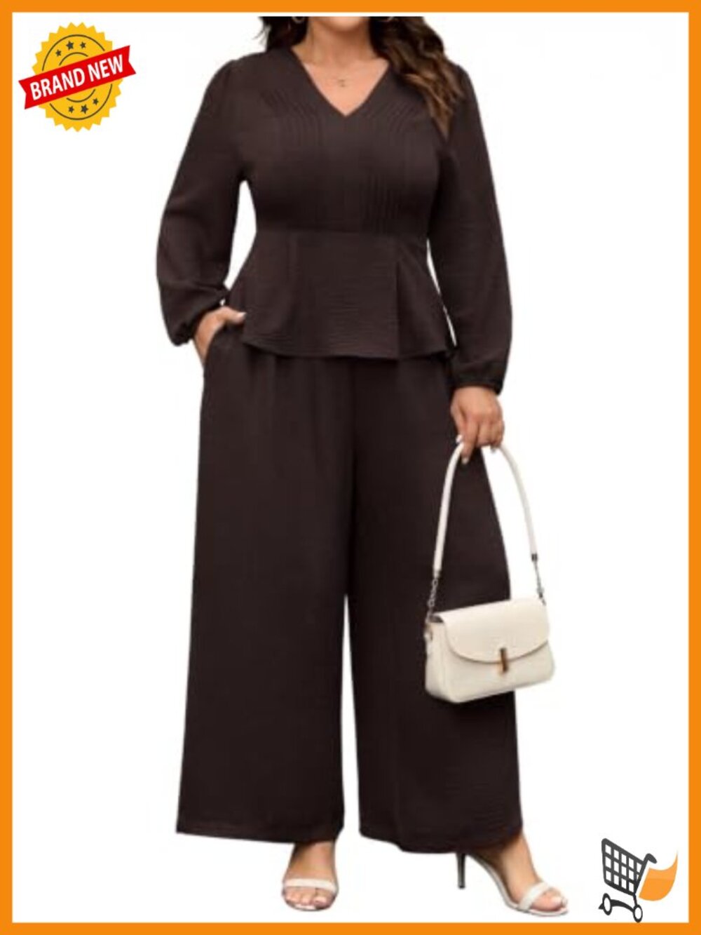 Plus Size 2 Piece Set Long Sleeve Peplum Top Wide Leg Pants